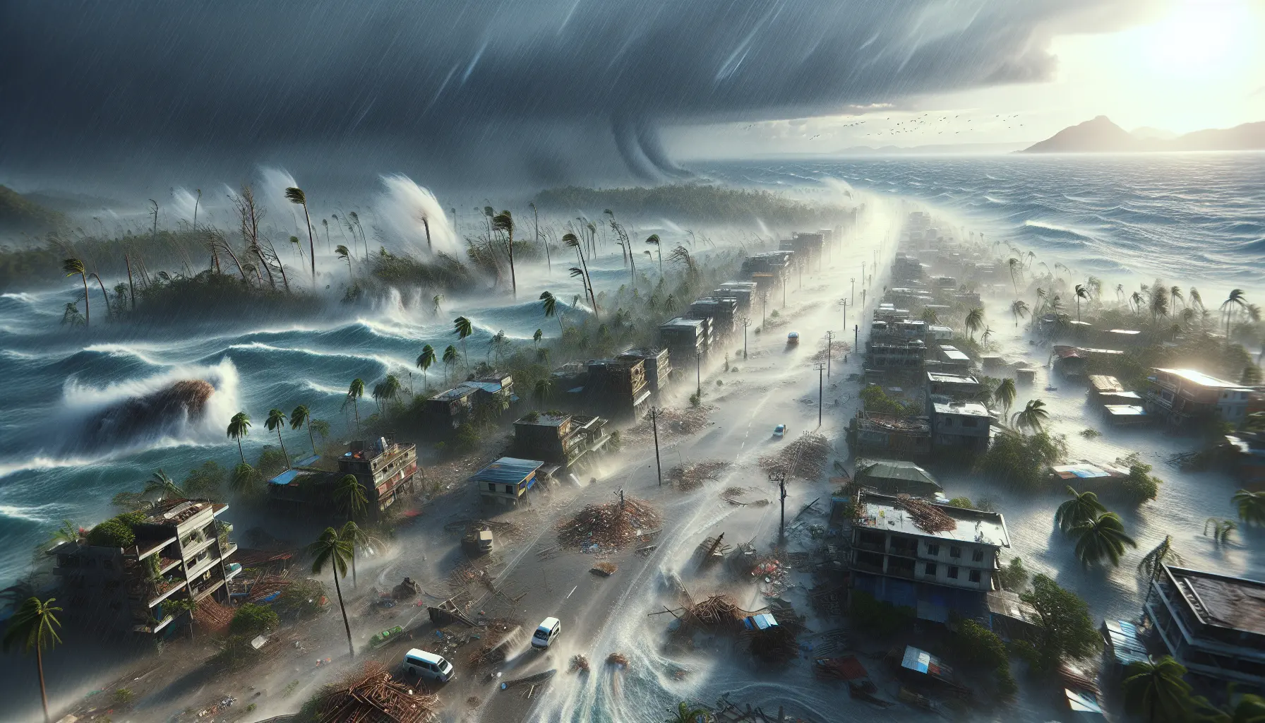 Immagine di un ciclone tropicale visto dallo spazio, con nuvole e venti che si intrecciano.