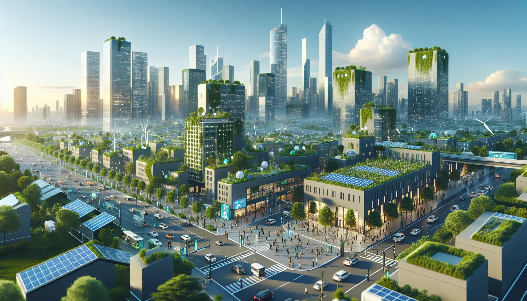 Una vista panoramica di una città moderna con edifici verdi e spazi pubblici sostenibili.
