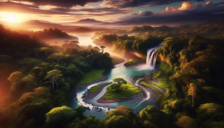 Una vista panoramica delle foreste pluviali della Costa Rica, con una cascata che scorre tra la vegetazione lussureggiante.