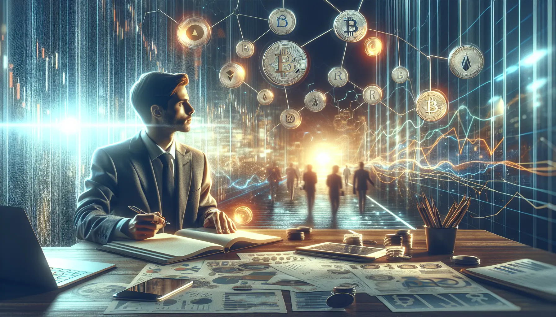 Rappresentazione visiva di criptovalute e NFT, con grafici e opere d'arte digitali.