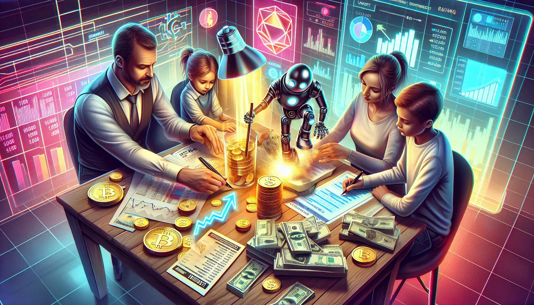 Rappresentazione visiva di criptovalute e NFT con grafici e opere d'arte digitali