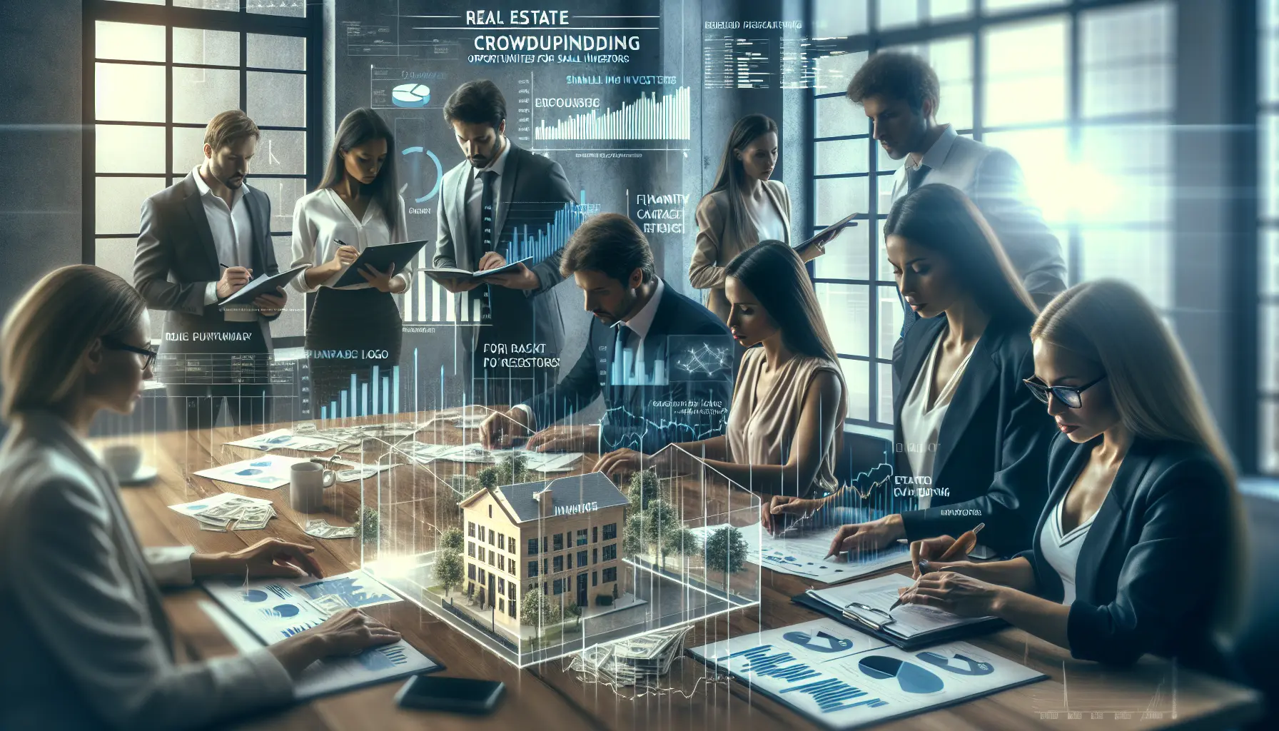 Investitori che discutono di opportunità di crowdfunding immobiliare