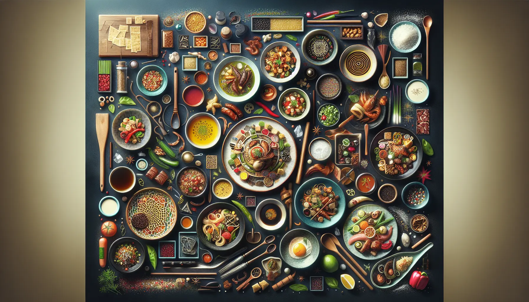 Un piatto colorato di cucina fusion che combina sapori di diverse culture culinarie.