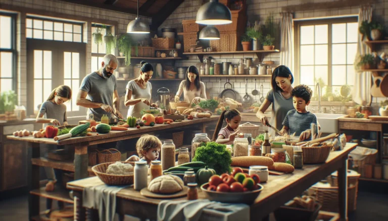 Un tavolo da cucina con ingredienti freschi e scarti di verdure pronti per essere trasformati in un brodo sostenibile.