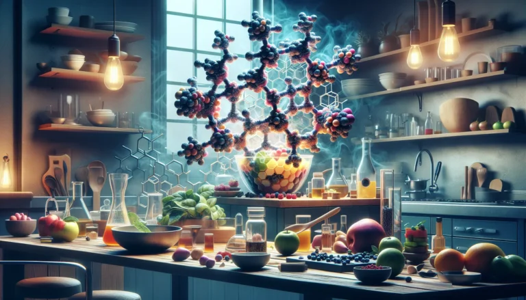 Un piatto di cucina molecolare con sferificazione e spuma di frutta, presentato in modo creativo.