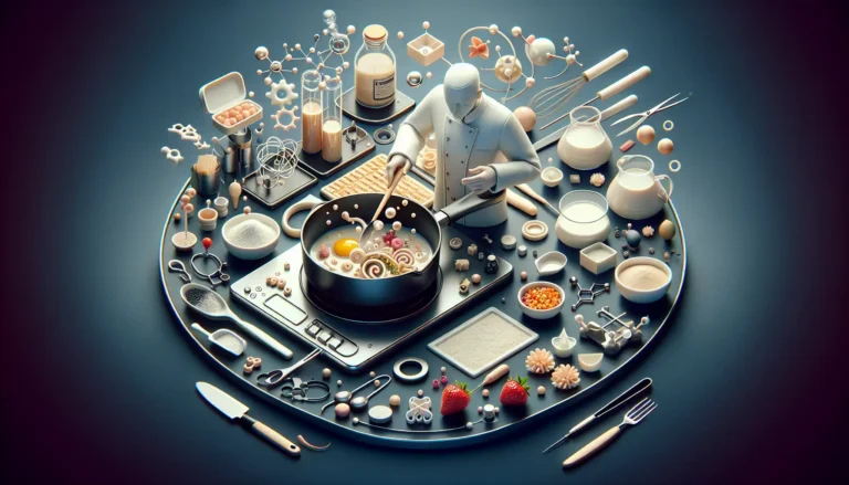 Un piatto di cucina molecolare con sferificazione di succo di frutta e schiuma di cioccolato, presentato in modo creativo.