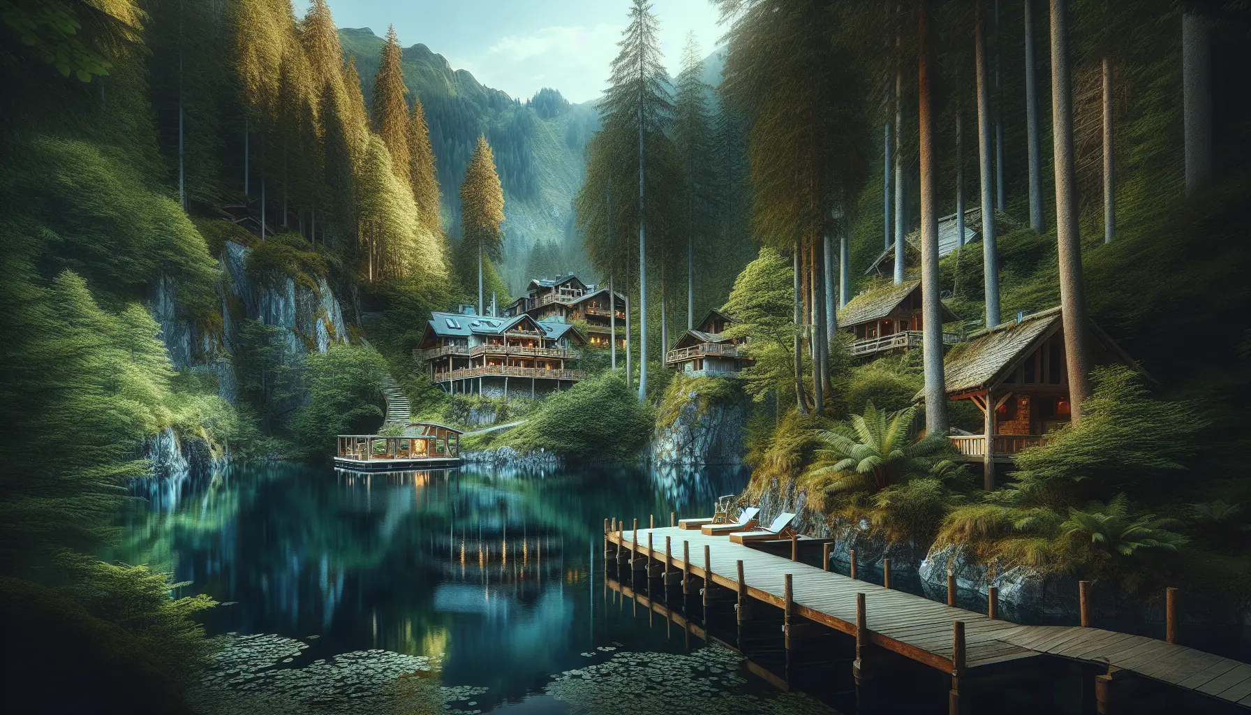 Un paesaggio sereno di montagna con un lago cristallino, simbolo di tranquillità e disconnessione dalla tecnologia.