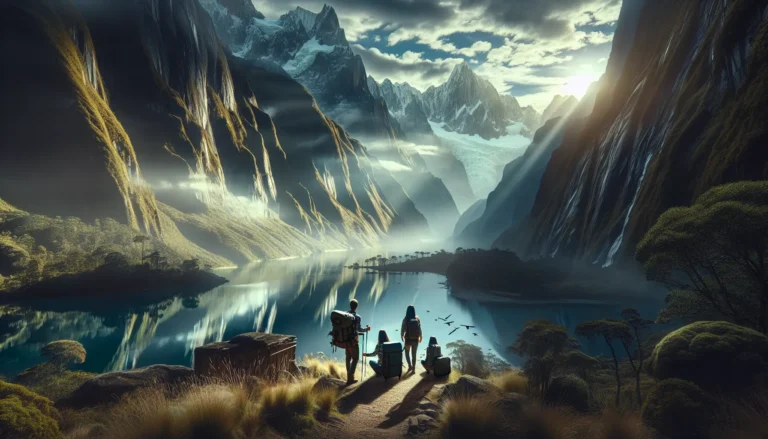 Panorama di una valle montana con famiglie che esplorano la natura