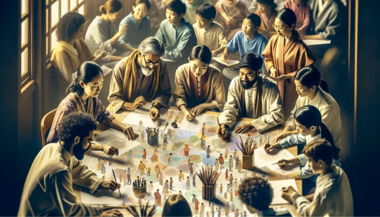 Un gruppo di bambini che giocano insieme, esprimendo emozioni diverse in un ambiente sicuro e accogliente.