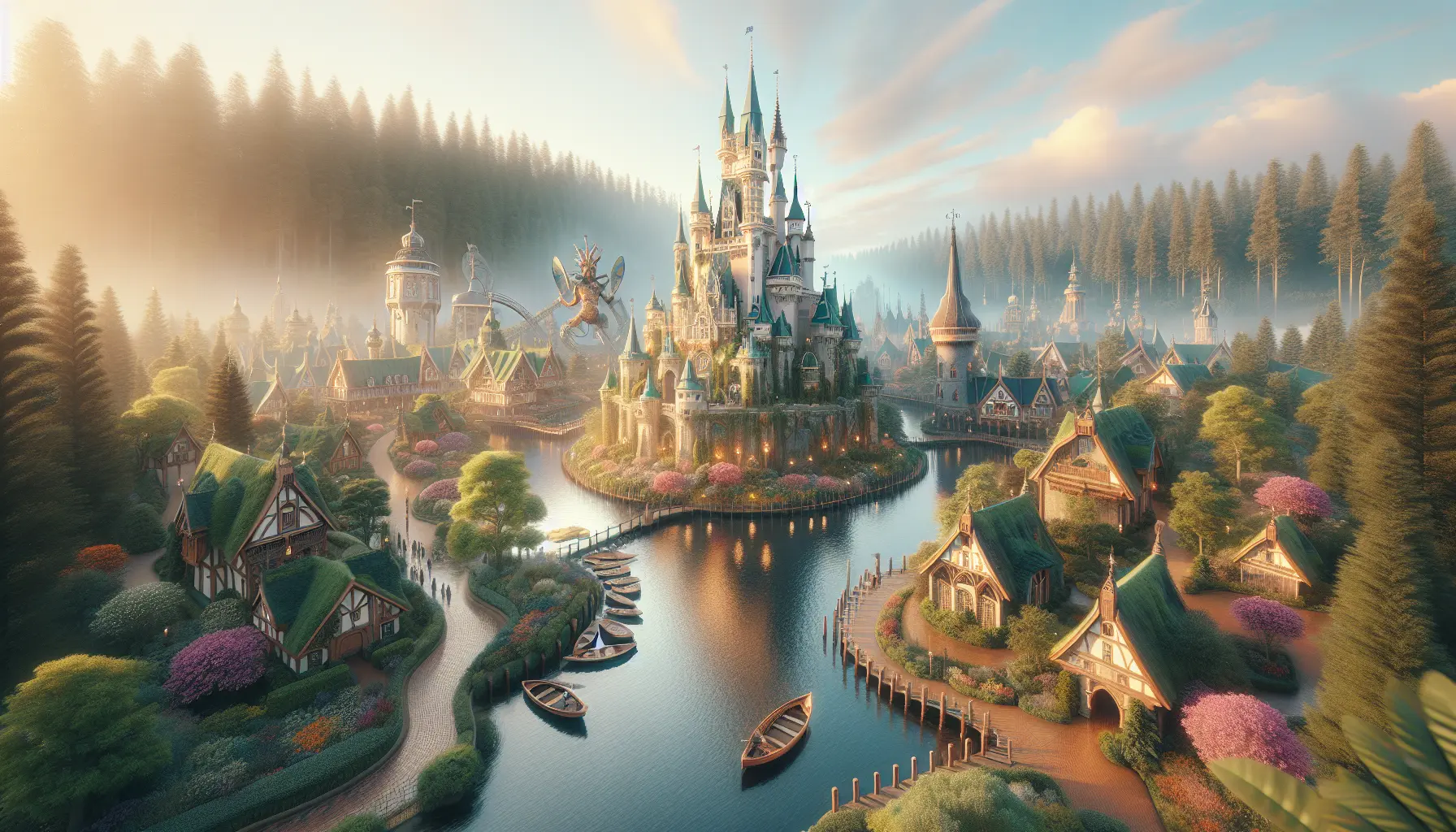 Vista panoramica di Efteling, il parco divertimenti ispirato alle fiabe, con attrazioni incantevoli e una foresta lussureggiante.