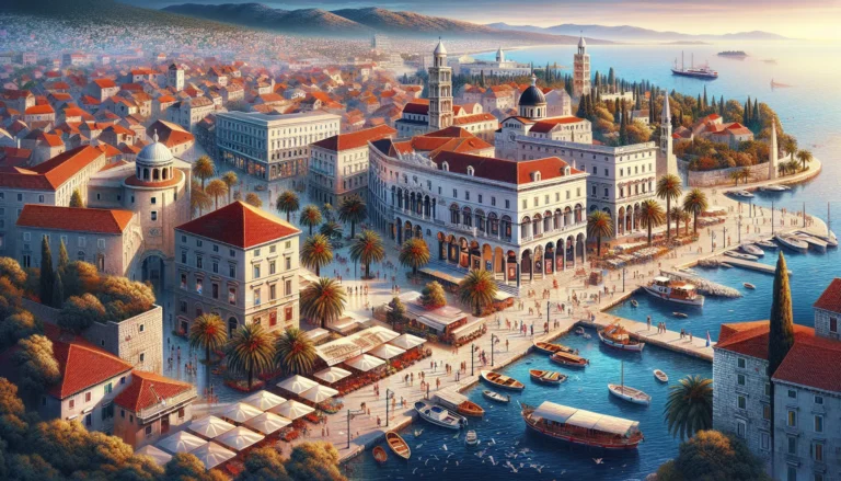 Vista panoramica del Palazzo di Diocleziano a Spalato, Croazia, con il mare blu sullo sfondo.