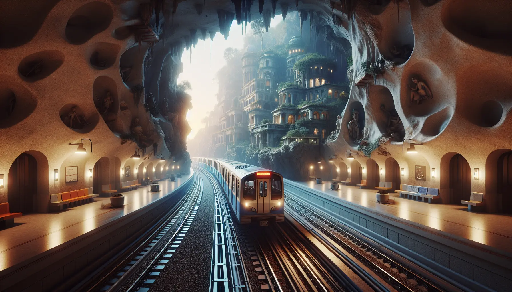 Interno di una stazione della metropolitana con passeggeri e opere d'arte sui muri.