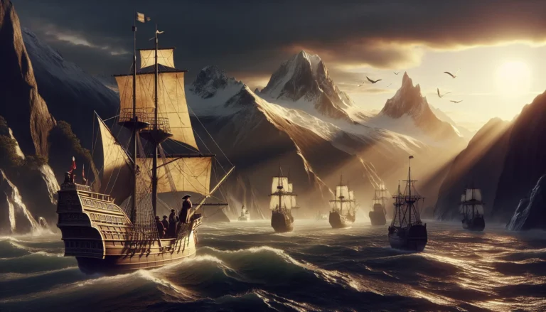 Rappresentazione artistica di Ferdinando Magellano mentre naviga in mare aperto, con una mappa antica e una bussola in mano.