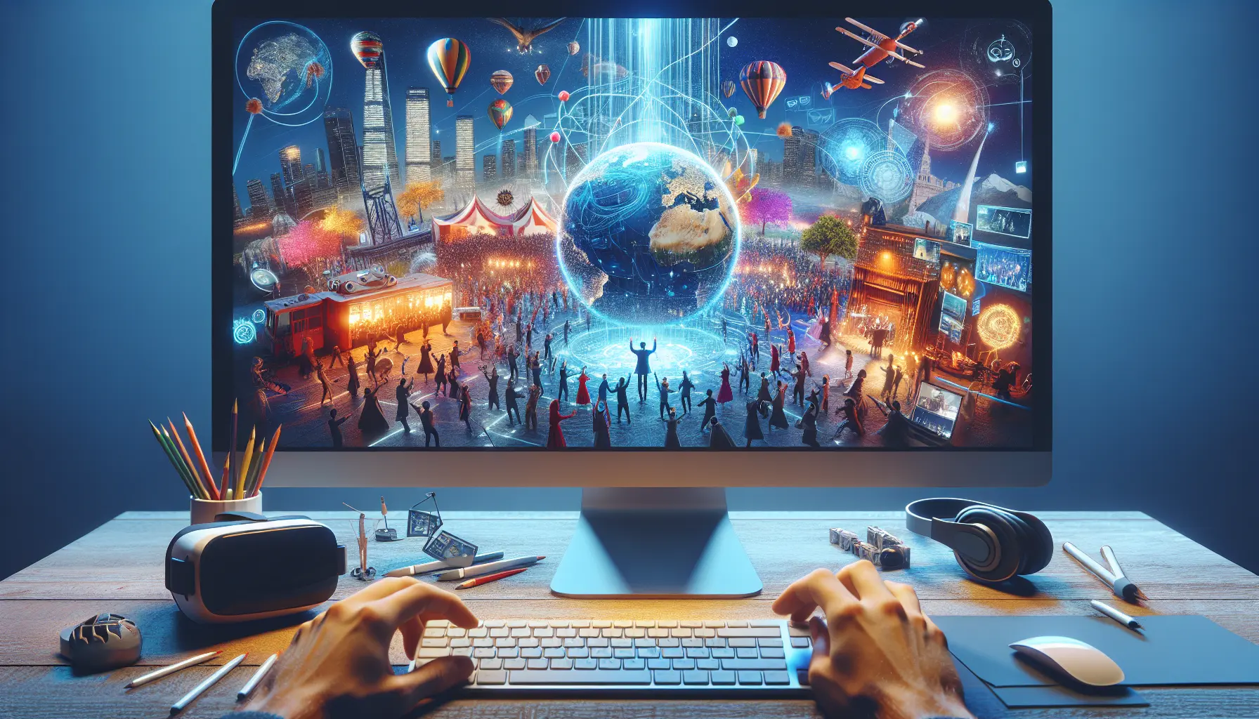 Un festival culturale virtuale con artisti che si esibiscono online e persone che partecipano da casa