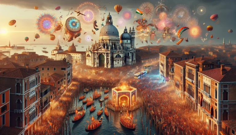 Un gruppo di persone che partecipano a un festival culturale, indossando costumi tradizionali e celebrando con colori vivaci.