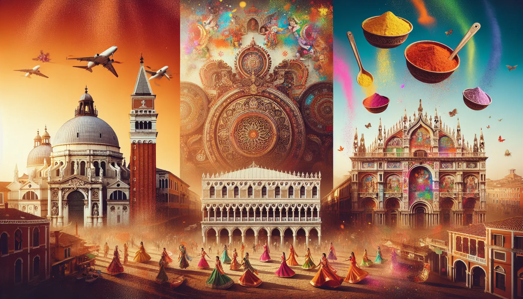 Un gruppo di persone che celebra un festival con colori vivaci e maschere tradizionali.