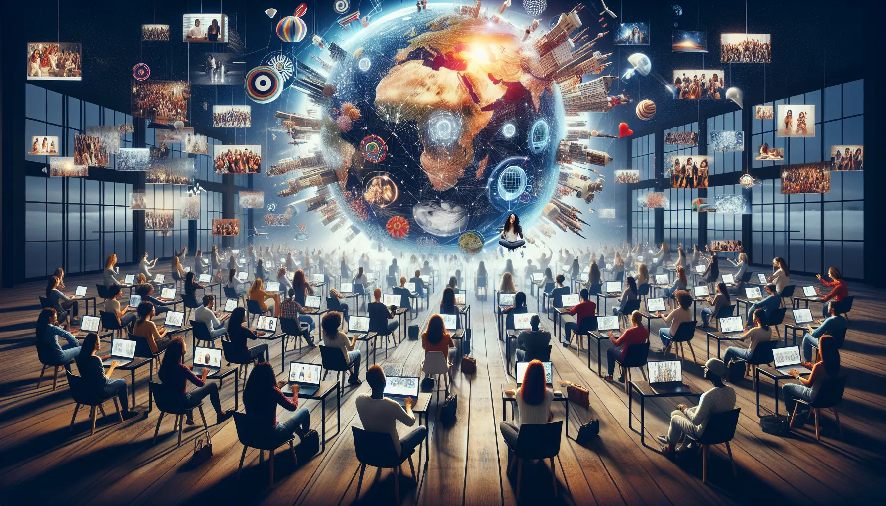 Un gruppo di persone che partecipano a un festival culturale virtuale, con schermi che mostrano eventi e attività online.