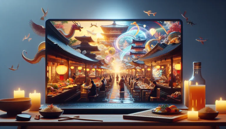 Una rappresentazione vivace di un festival culturale virtuale, con schermi che mostrano danze e tradizioni da tutto il mondo, creando un'atmosfera festosa e interattiva.