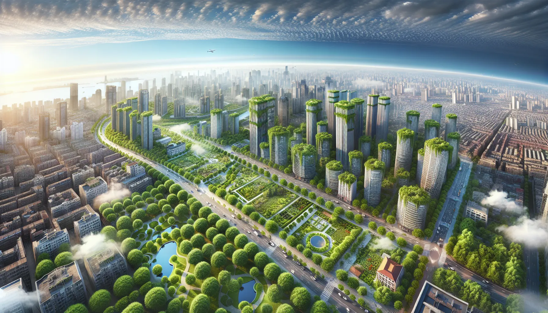 Vista panoramica di una foresta urbana con alberi e piante che circondano edifici moderni.