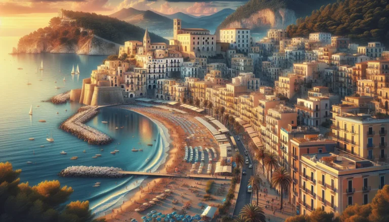 Vista panoramica delle spiagge e del centro storico di Gaeta, con il mare cristallino e le colline circostanti.