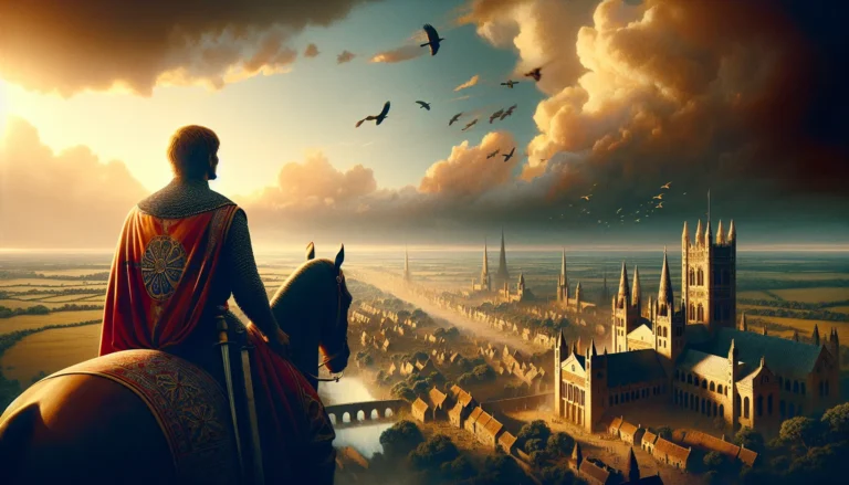 Rappresentazione di Guglielmo il Conquistatore in un contesto storico, con castelli normanni sullo sfondo.