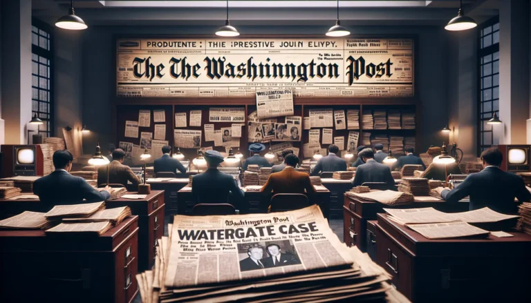 Un'immagine storica del caso Watergate con giornalisti al lavoro e documenti investigativi.