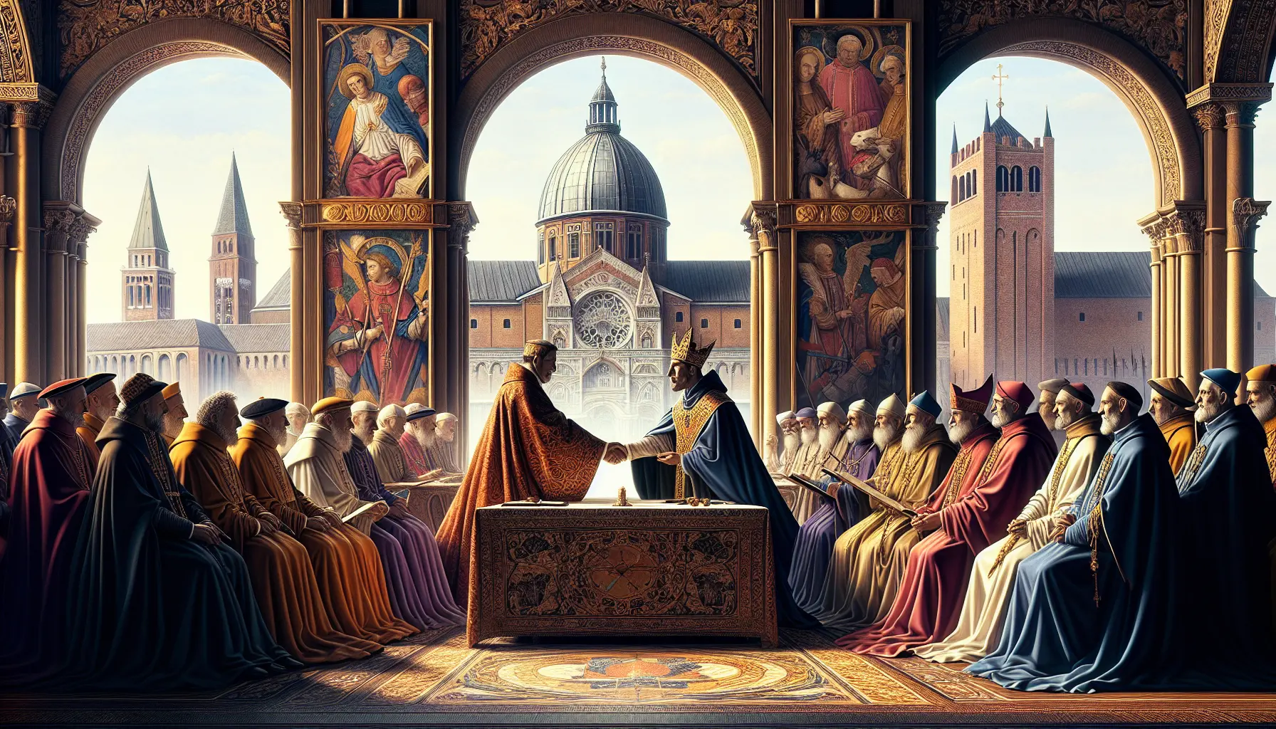 Rappresentazione artistica del Concordato di Worms, con figure storiche che simbolizzano il potere secolare e religioso.