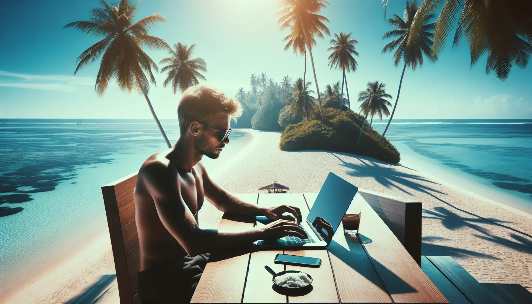 Giovane professionista che lavora al computer in una spiaggia esotica, circondato da palme e sole.