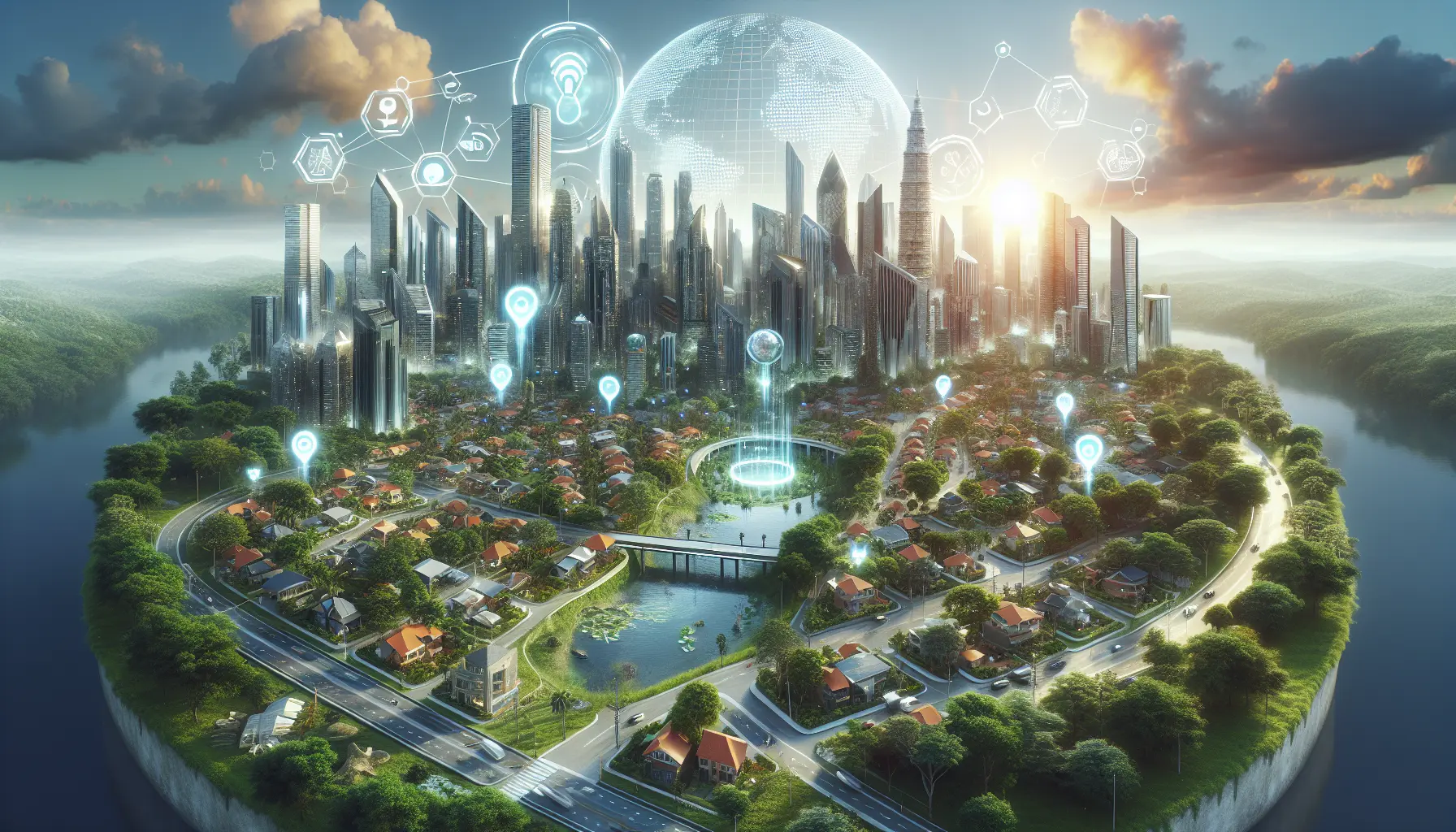 Una vista panoramica di una città intelligente con spazi verdi, trasporti sostenibili e tecnologia integrata.