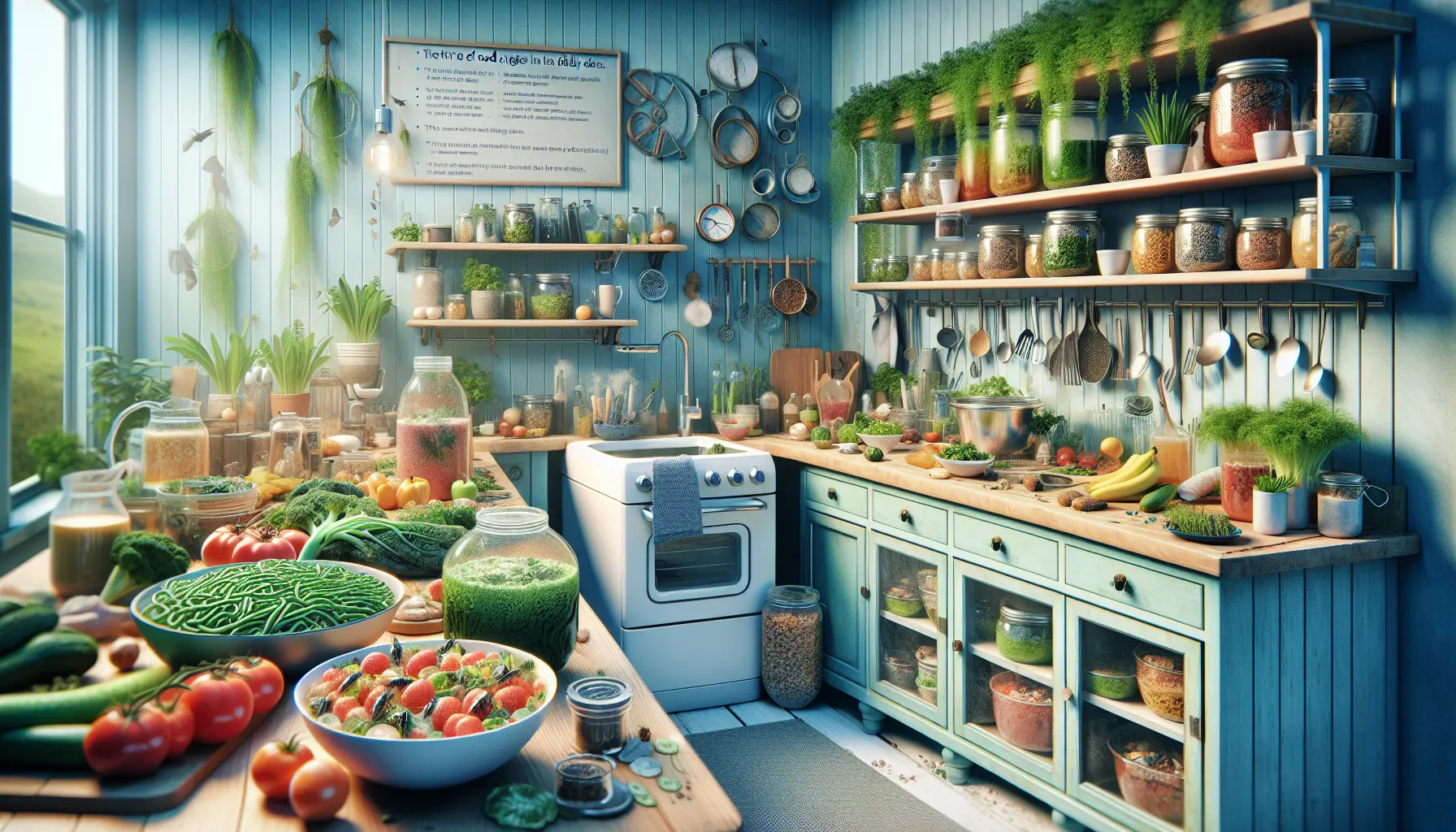 Un piatto colorato con alghe e insetti, rappresentando la cucina sostenibile e innovativa.