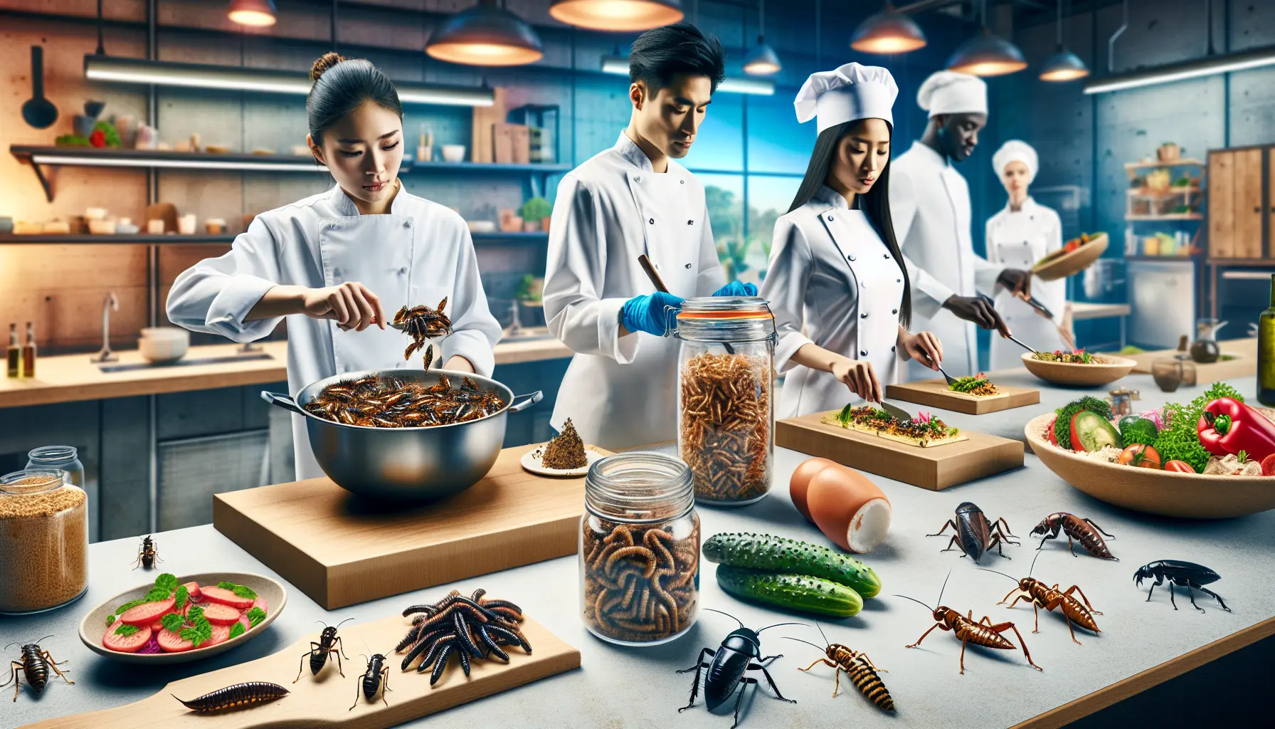 Un piatto gourmet che presenta insetti commestibili come ingrediente principale, circondato da verdure fresche e spezie.