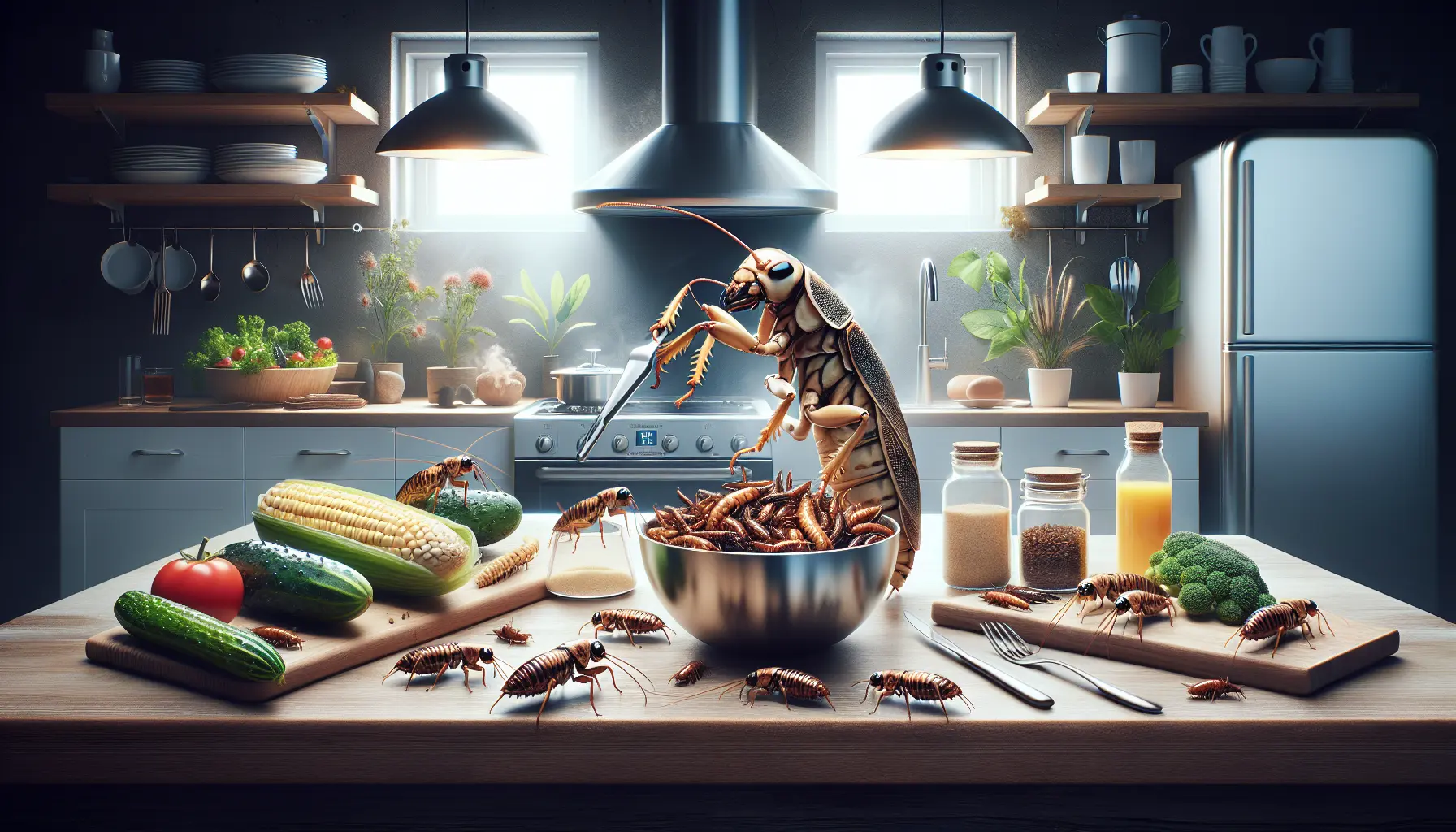 Un piatto gourmet che presenta insetti commestibili preparati in modo creativo e innovativo.