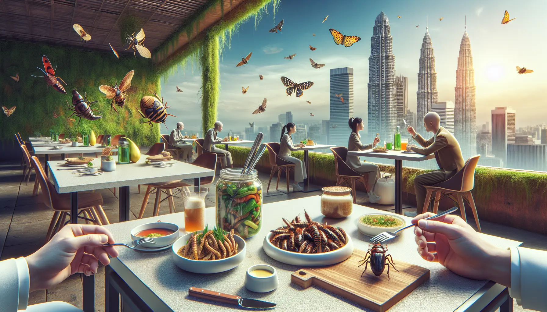 Un piatto gourmet con insetti commestibili, presentato in modo elegante e appetitoso.