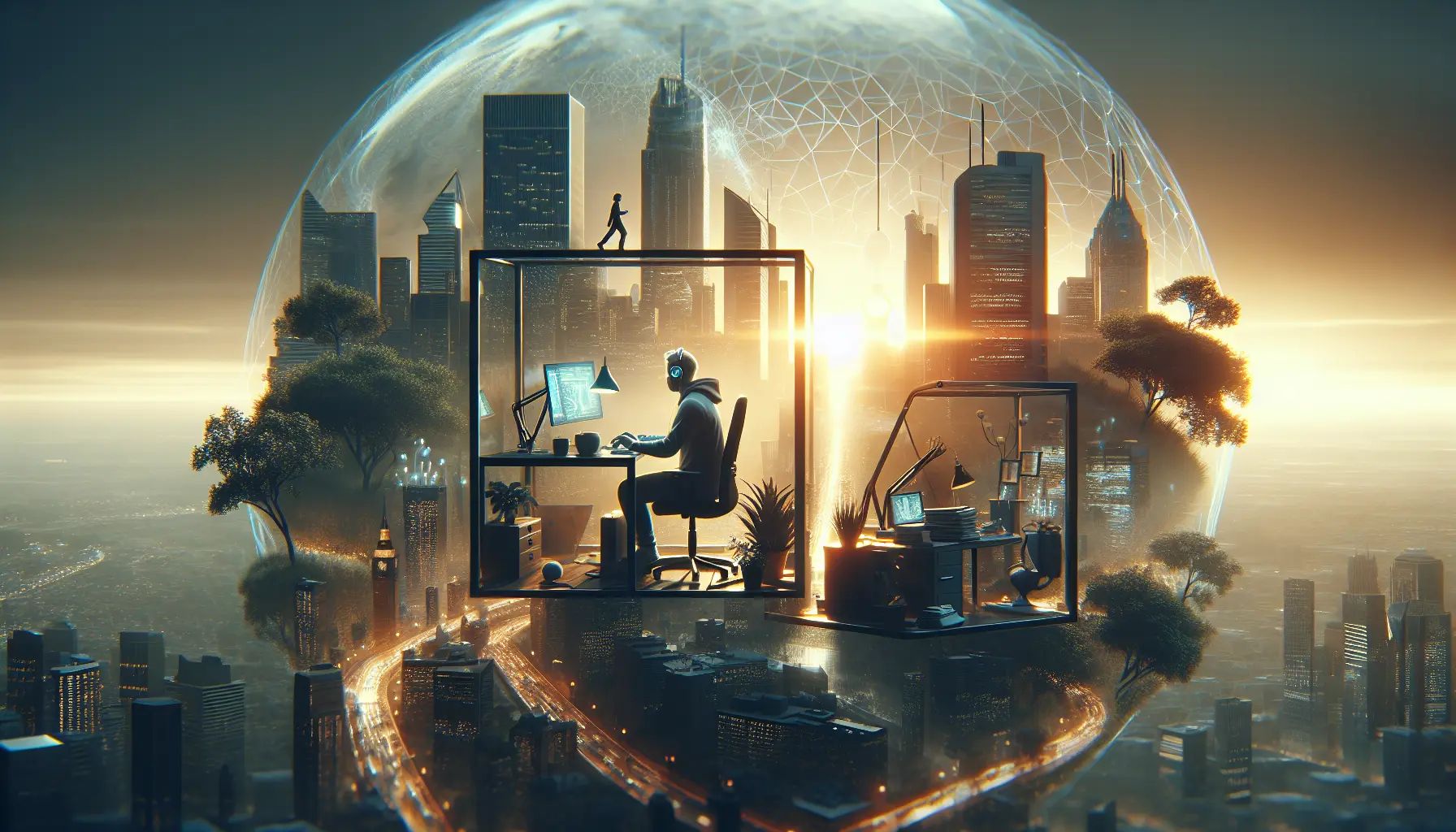 Un professionista che lavora da casa, circondato da tecnologia e comfort, rappresentando il concetto di lavoro a distanza.