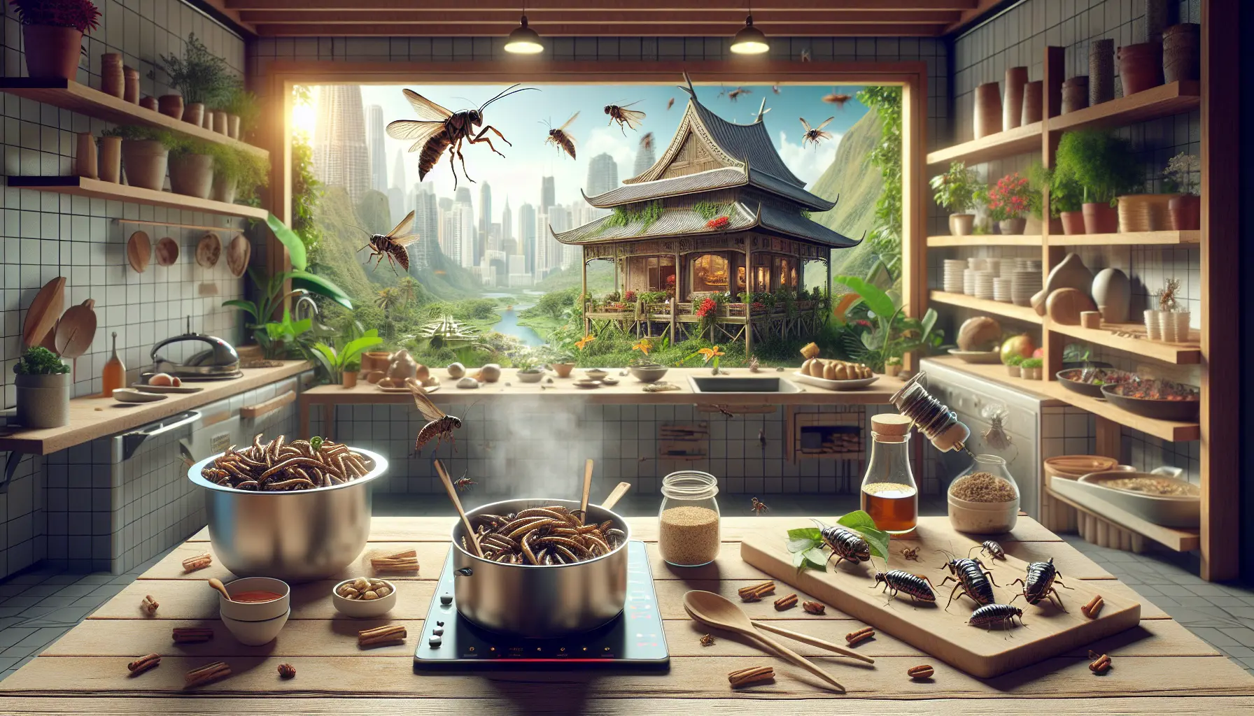 Insetti commestibili presentati in piatti gourmet con ingredienti freschi.