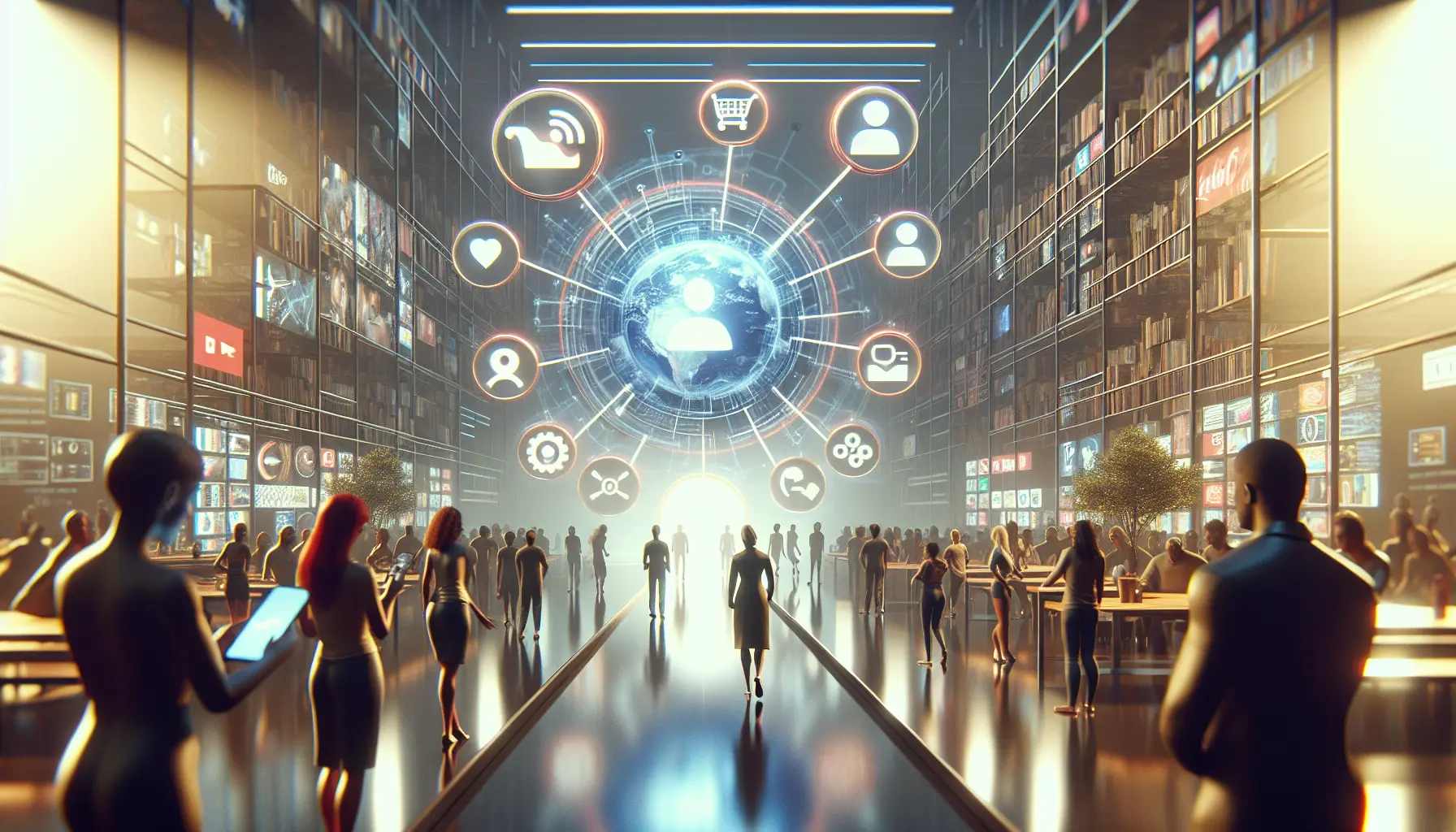 Persone che interagiscono tramite smartphone e social media in un ambiente urbano, rappresentando la connessione digitale nelle relazioni moderne.