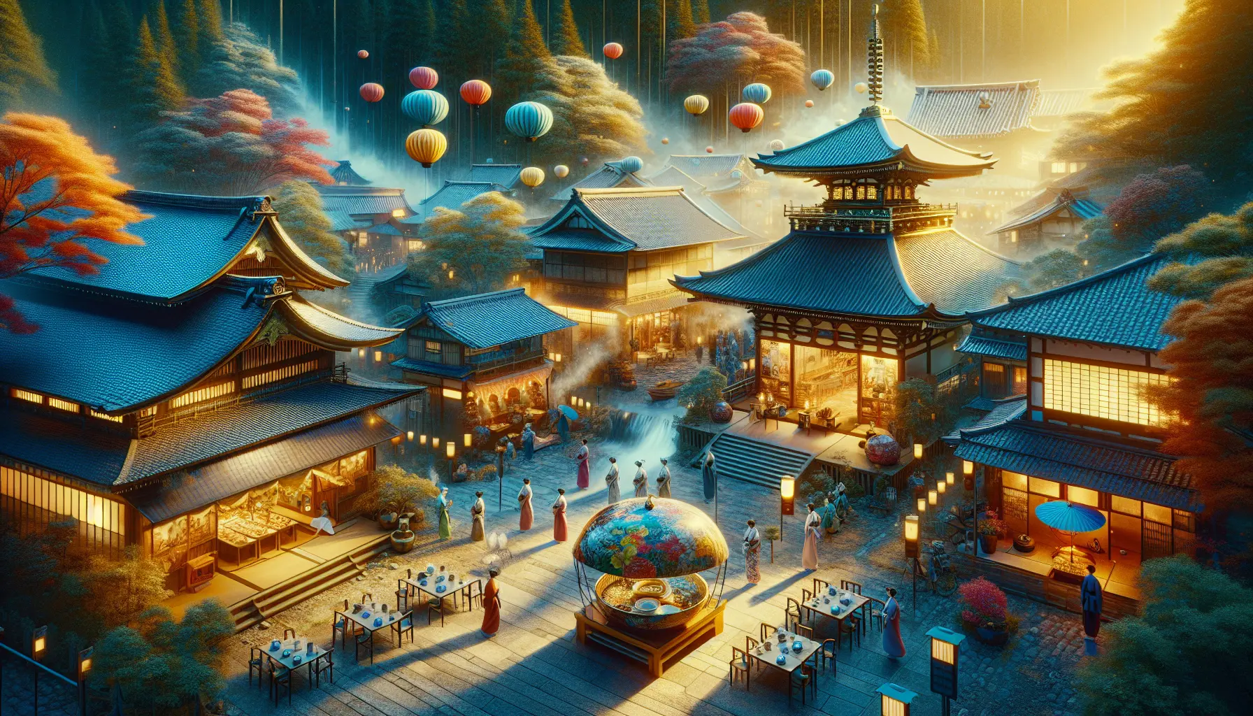 Paesaggio giapponese con ciliegi in fiore e un tempio tradizionale sullo sfondo