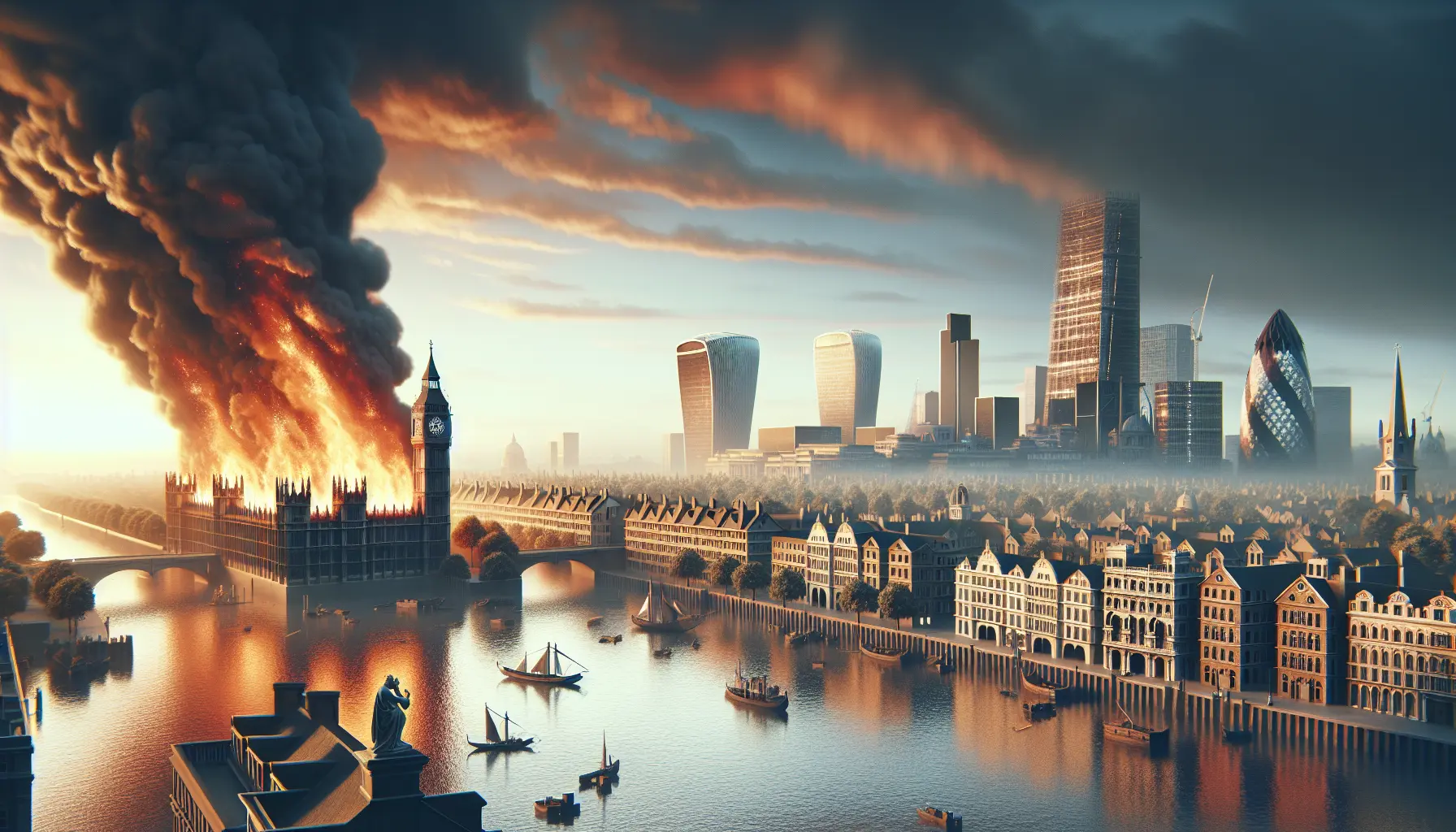 Rappresentazione artistica del Grande Incendio di Londra con fiamme che avvolgono gli edifici storici.