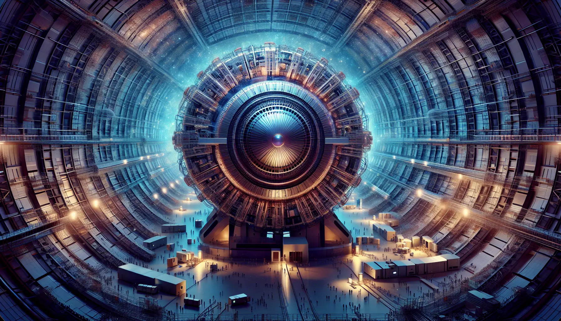 Una vista dell'interno del Large Hadron Collider al CERN, con apparecchiature sofisticate e scienziati al lavoro.