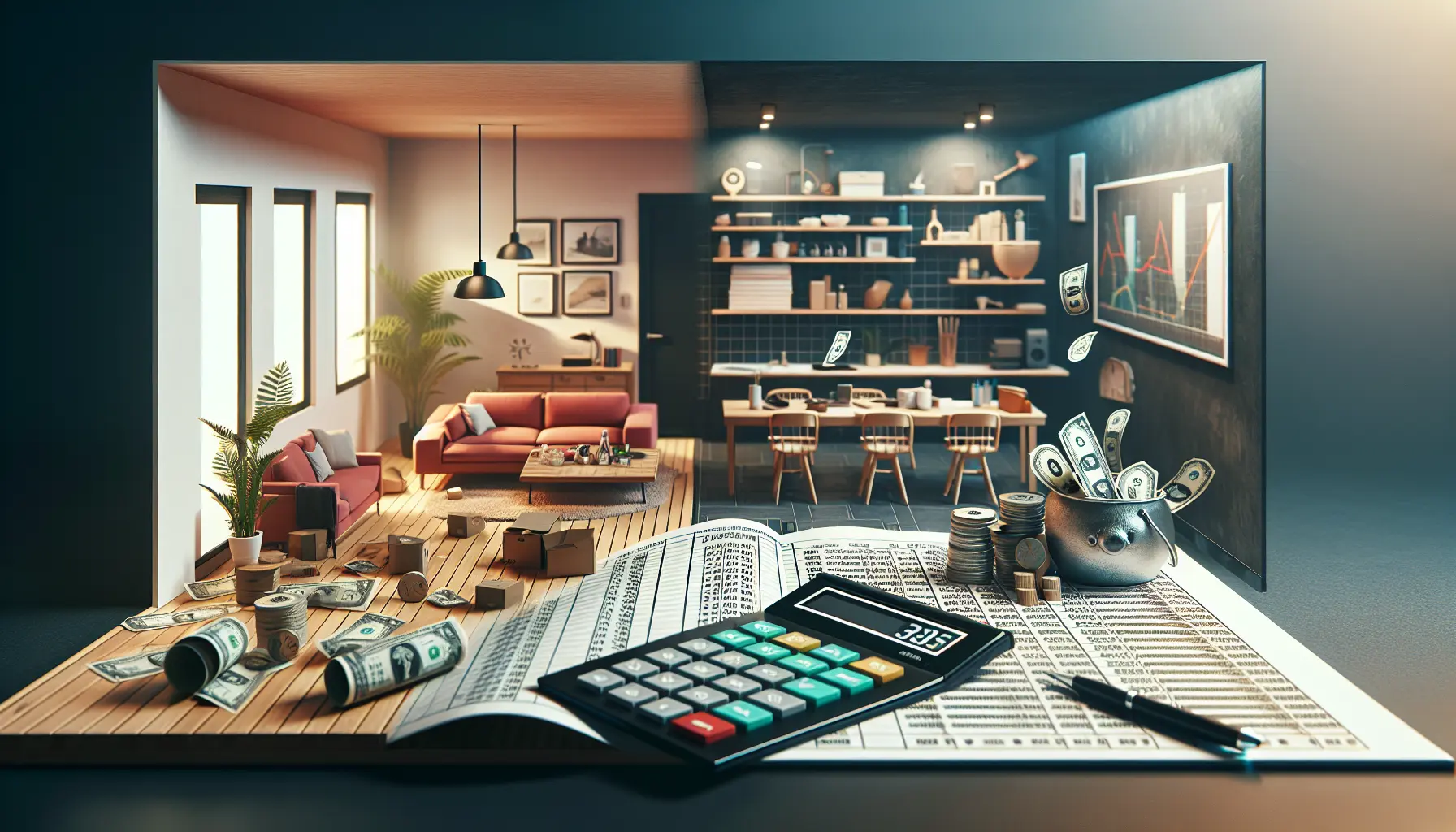 Un giovane che esamina le proprie finanze con un laptop e un taccuino, riflettendo su come vivere con meno e risparmiare di più.