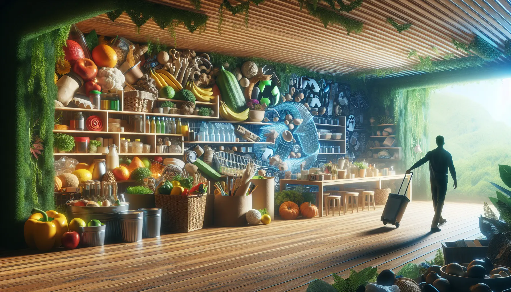 Una persona che utilizza sacchetti riutilizzabili per la spesa in un mercato locale, rappresentando uno stile di vita zero waste.