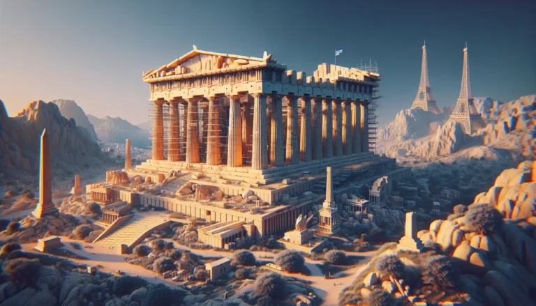 Vista panoramica del Partenone sull'Acropoli di Atene, con colonne doriche e sculture antiche che decorano il tempio.
