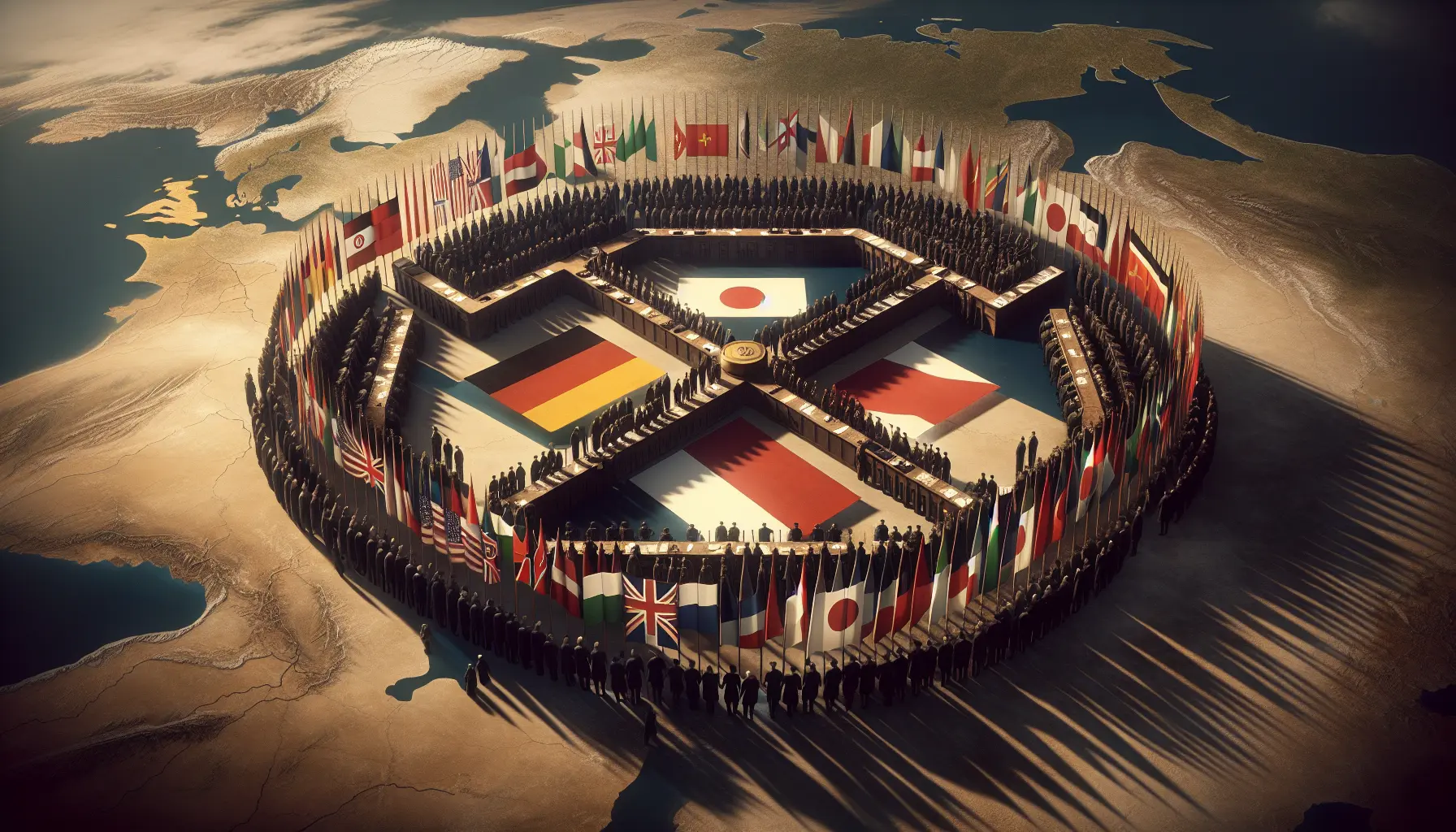 Rappresentazione grafica del Patto Tripartito tra Germania, Italia e Giappone, simbolo di un'alleanza militare durante la Seconda Guerra Mondiale.