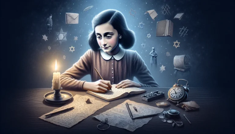 Immagine di Anna Frank con il suo diario, simbolo di speranza e resilienza.