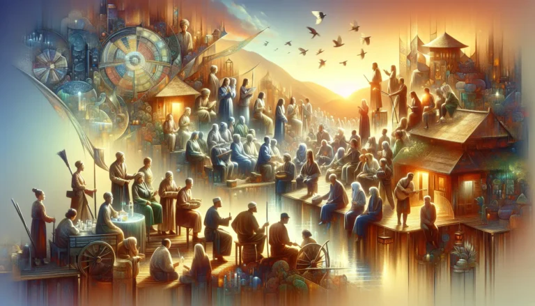 Un narratore che racconta storie attorno a un fuoco, circondato da un pubblico affascinato.