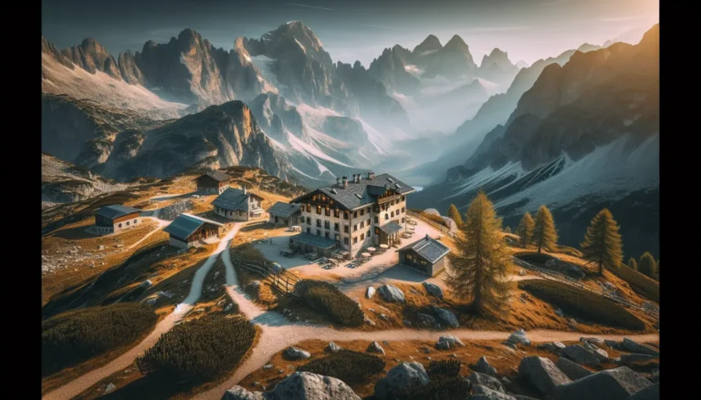 Panorama delle Alpi italiane con il Rifugio Val di Fumo in primo piano, circondato da montagne e boschi.