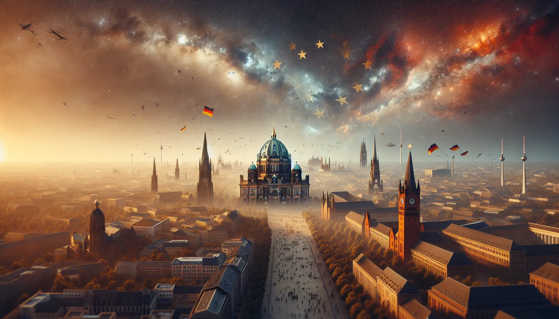 Rappresentazione della riunificazione tedesca con il Muro di Berlino e simboli di unità europea.
