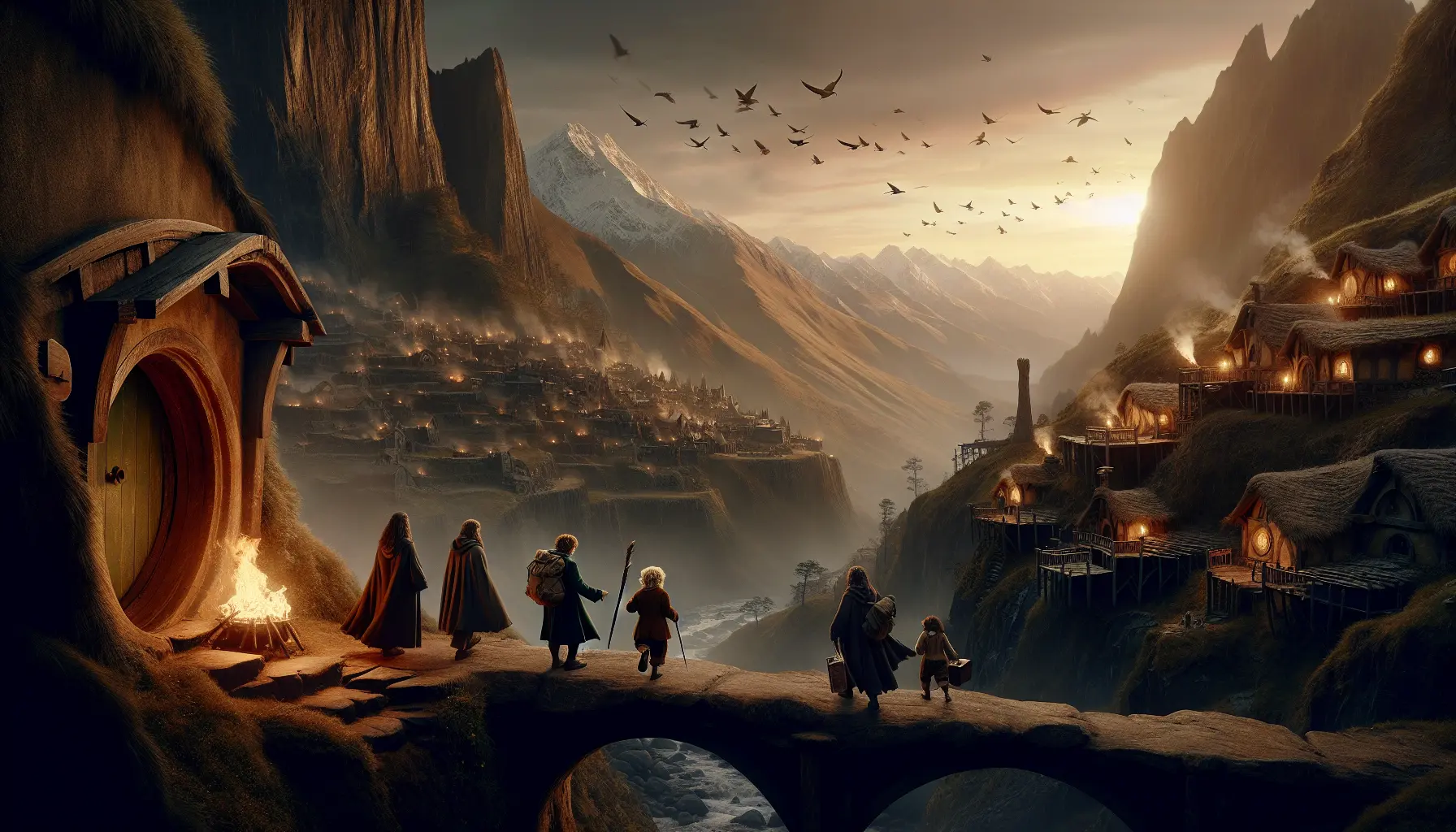 Un'illustrazione di Bilbo Baggins in un paesaggio fantastico della Terra di Mezzo, circondato da creature magiche.