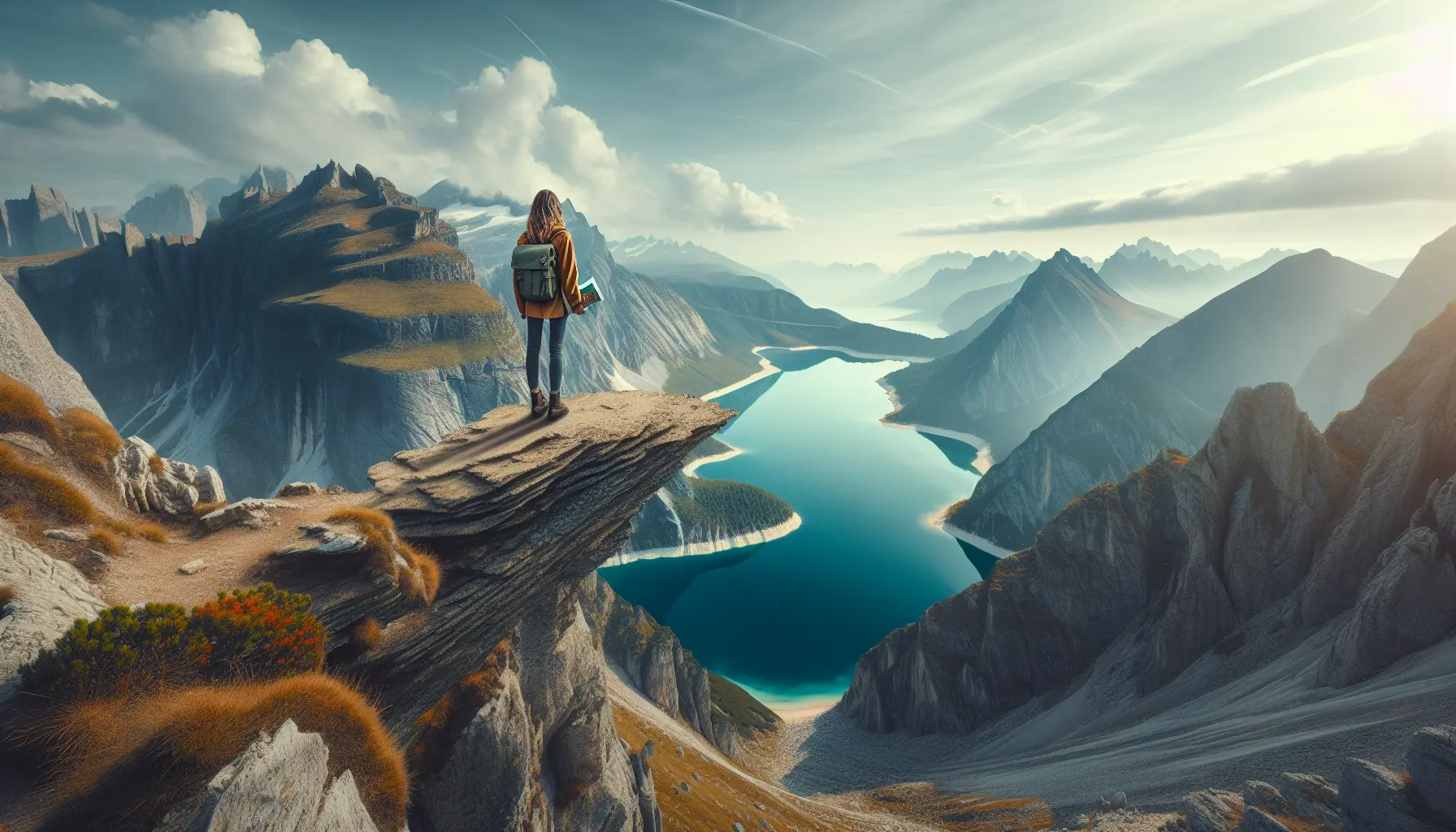 Un viaggiatore solitario contempla un paesaggio mozzafiato, immerso nella natura e nella riflessione interiore.