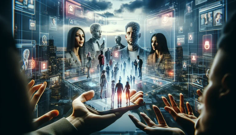 Persone che interagiscono tra loro in un ambiente digitale, rappresentando le relazioni interpersonali nell'era moderna.